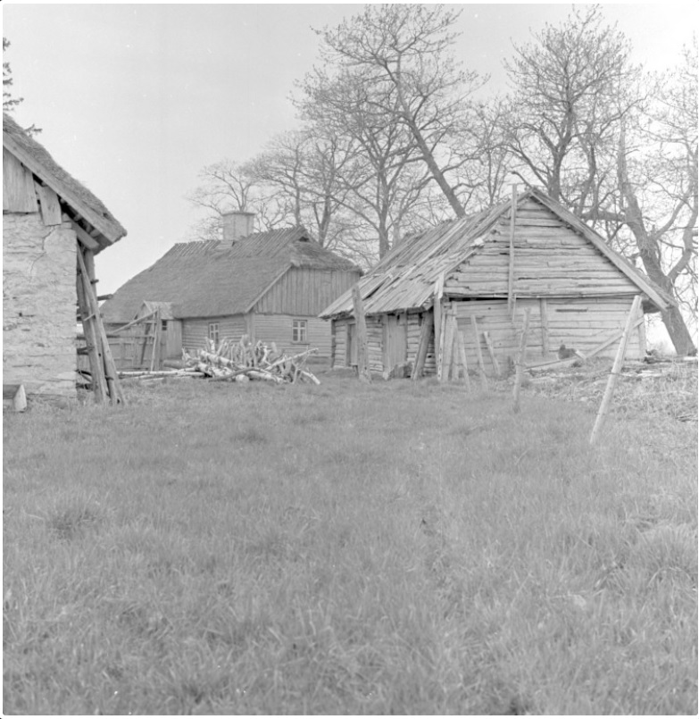 Foto 6. Vaade elumajale ja lammutatud kõrvalhoonetele (vasakul kivist lauda ots, paremal ait). Allikas: Kultuurimälestiste register, foto autor R. Valdre.